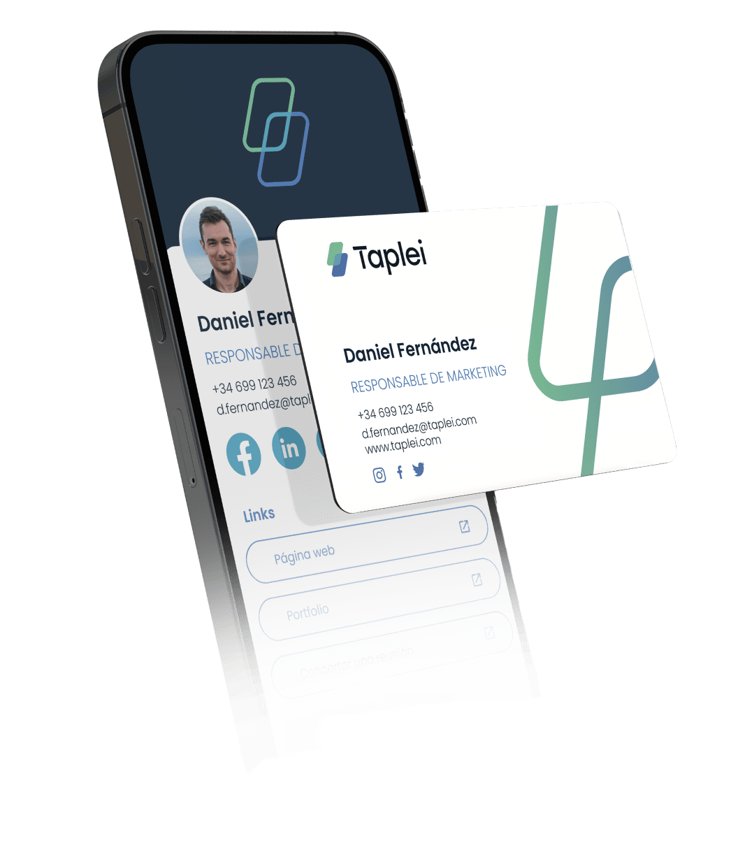 Interfaz de la aplicación Taplei en un smartphone, mostrando un perfil de tarjeta de visita digital personalizable